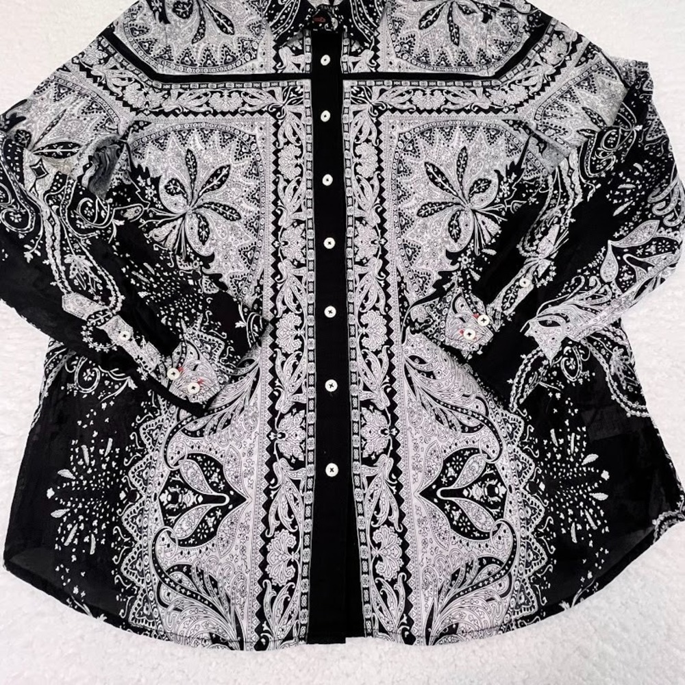 Talbots Petite Paisley Shirt Black White Sheer‎ Cotton Button Up LP - Picture 2 of 9